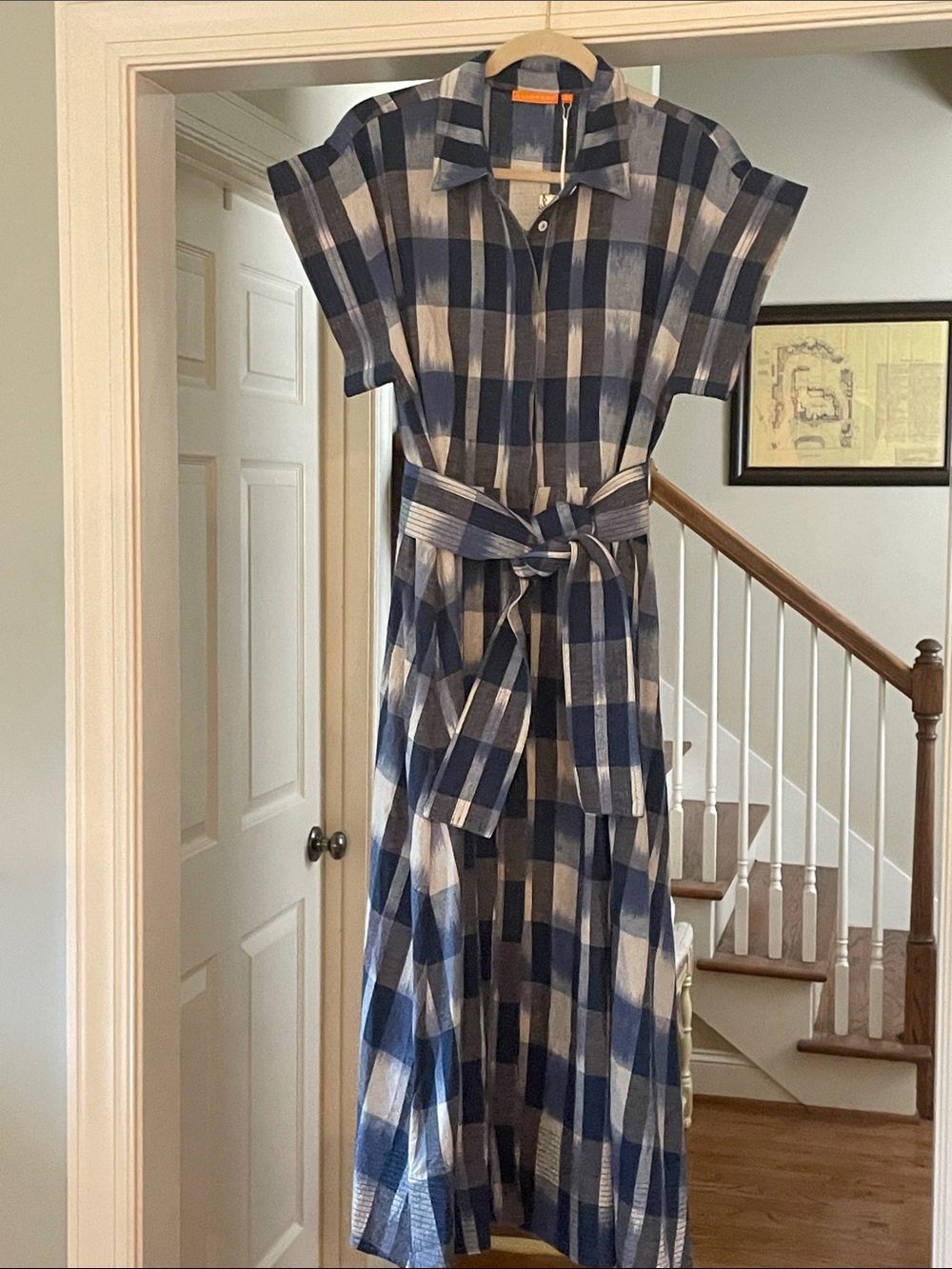 Oliphant Blue Plaid Shirt-Waist Midi Dress with Tie Belt Large - Picture 5 of 9